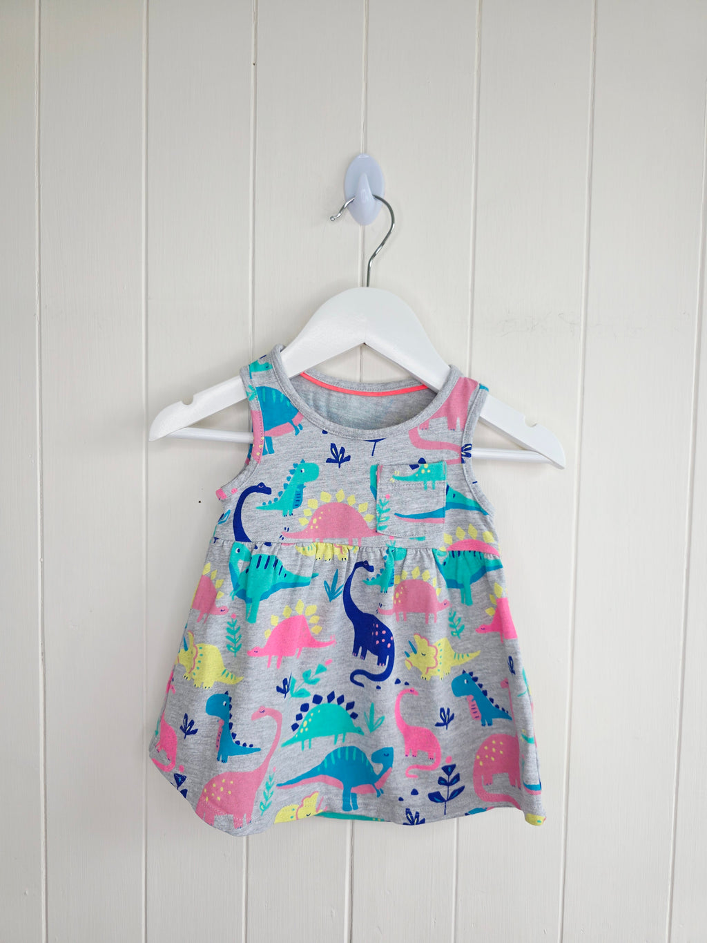 M&S - 3-6 months girls grey sleeveless dress featuring multicoloured dinosaur print