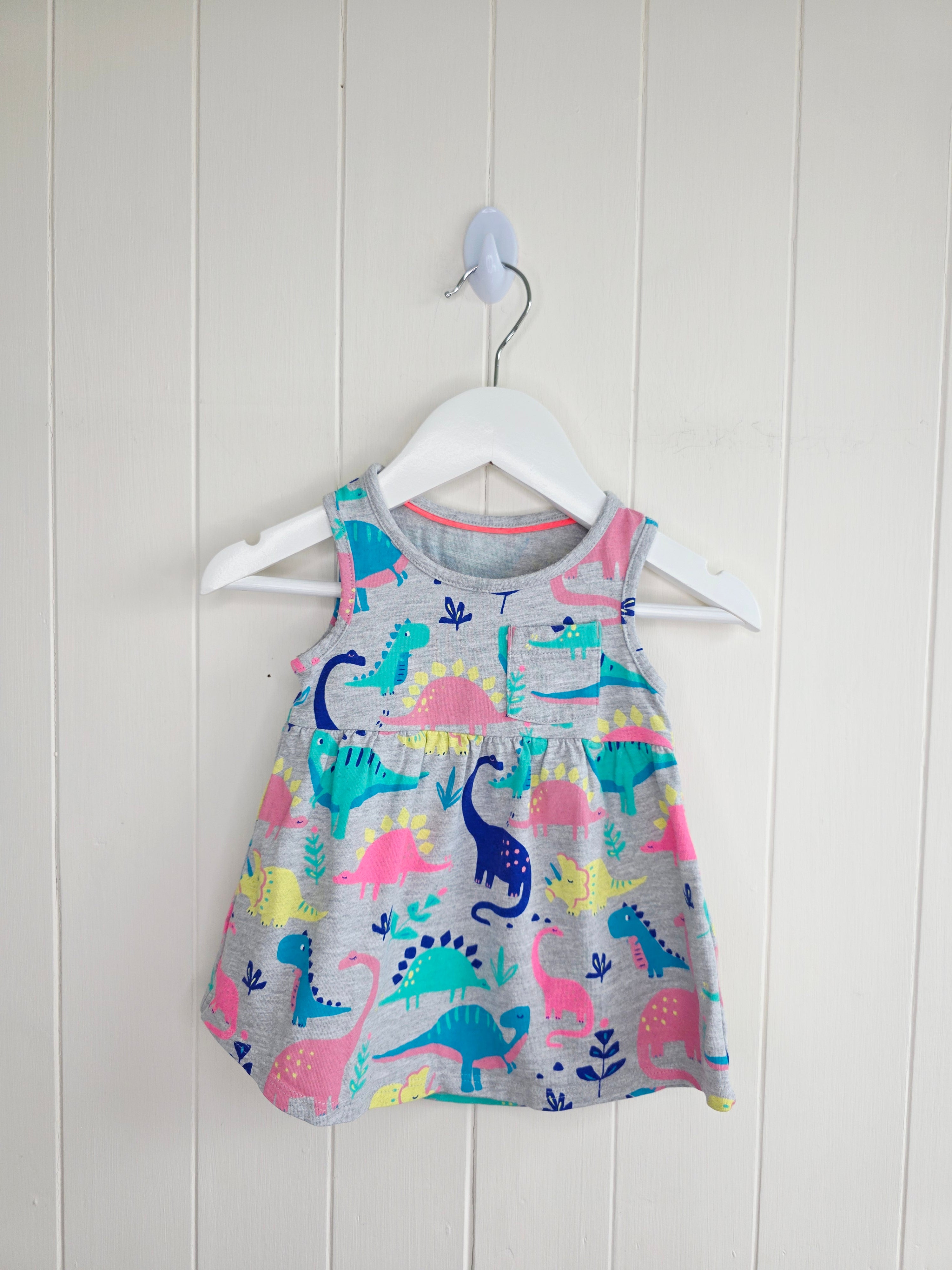 M&S - 3-6 months girls grey sleeveless dress featuring multicoloured dinosaur print