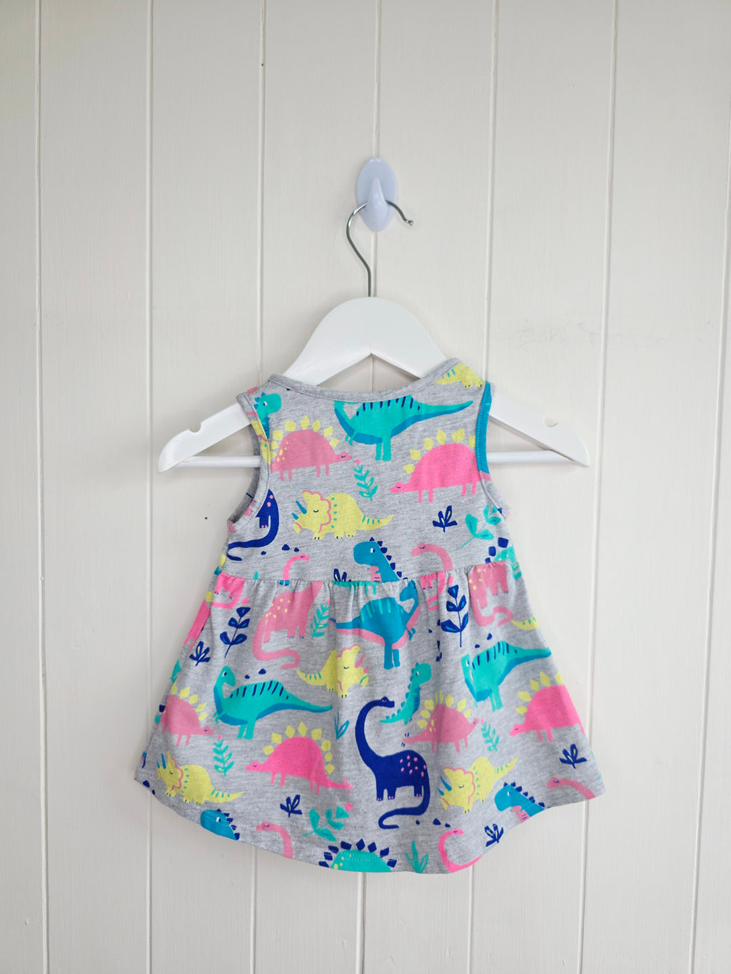 M&S - 3-6 months girls grey sleeveless dress featuring multicoloured dinosaur print