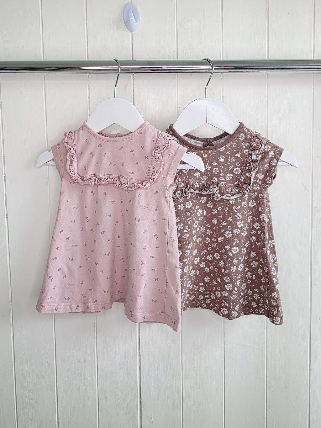George - 3-6 months girls pink and brown floral short sleeved dress set