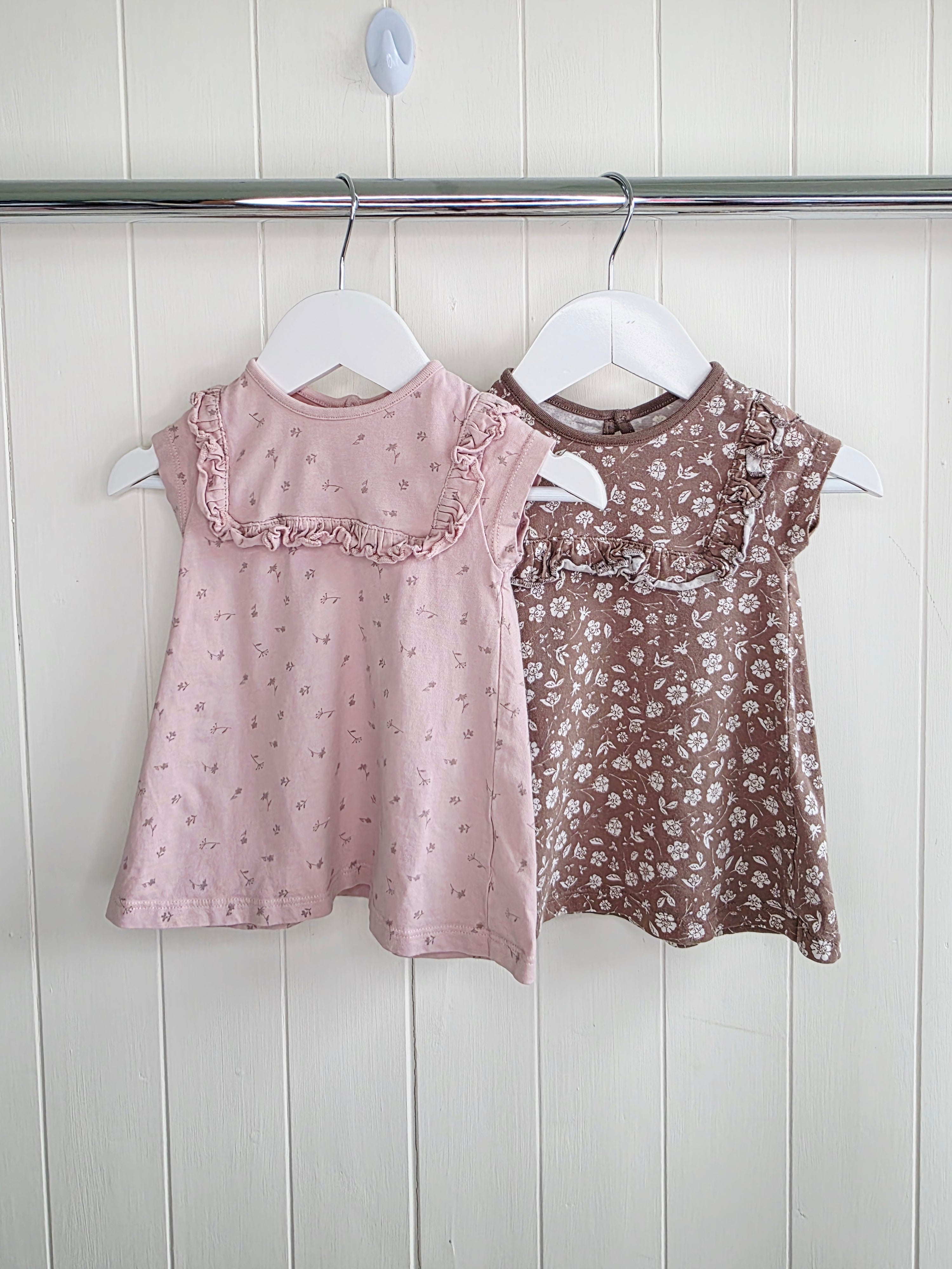 George - 3-6 months girls pink and brown floral short sleeved dress set