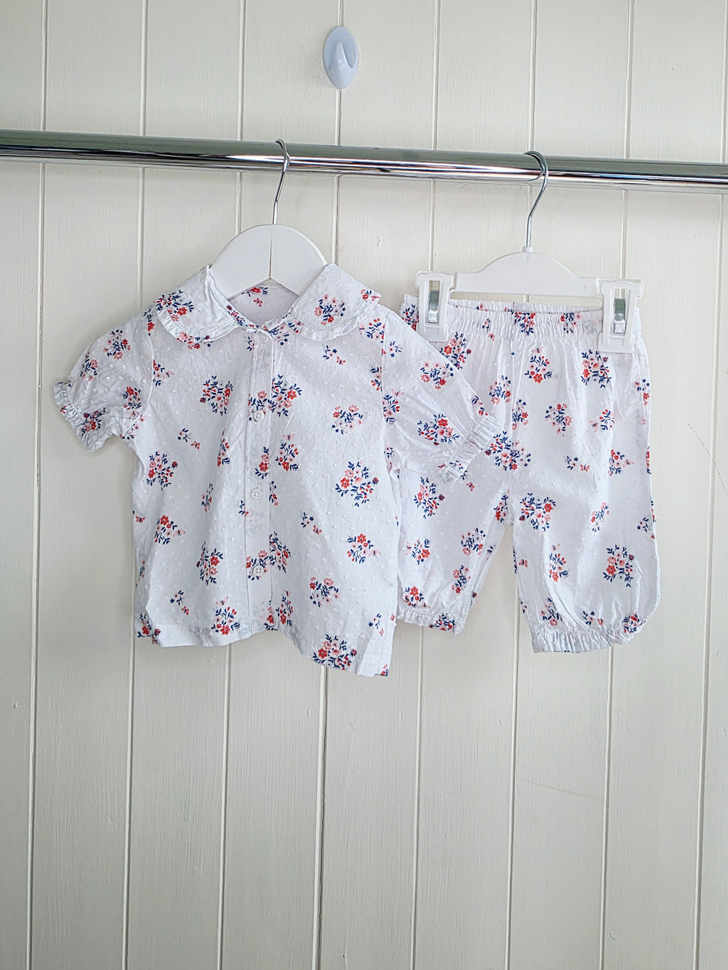 Nutmeg - 3-6 months girls white floral shirt and bottoms set