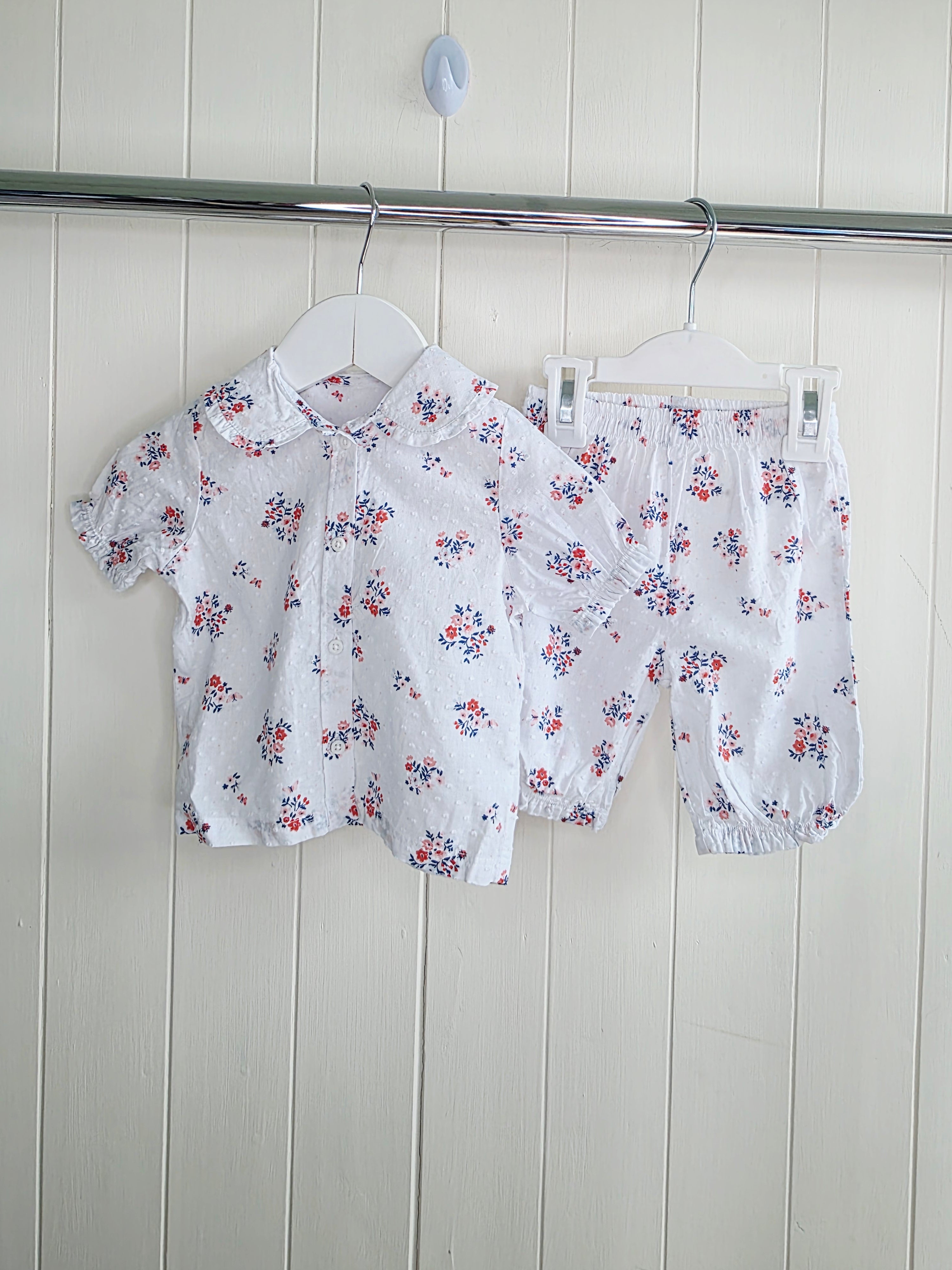 Nutmeg - 3-6 months girls white floral shirt and bottoms set