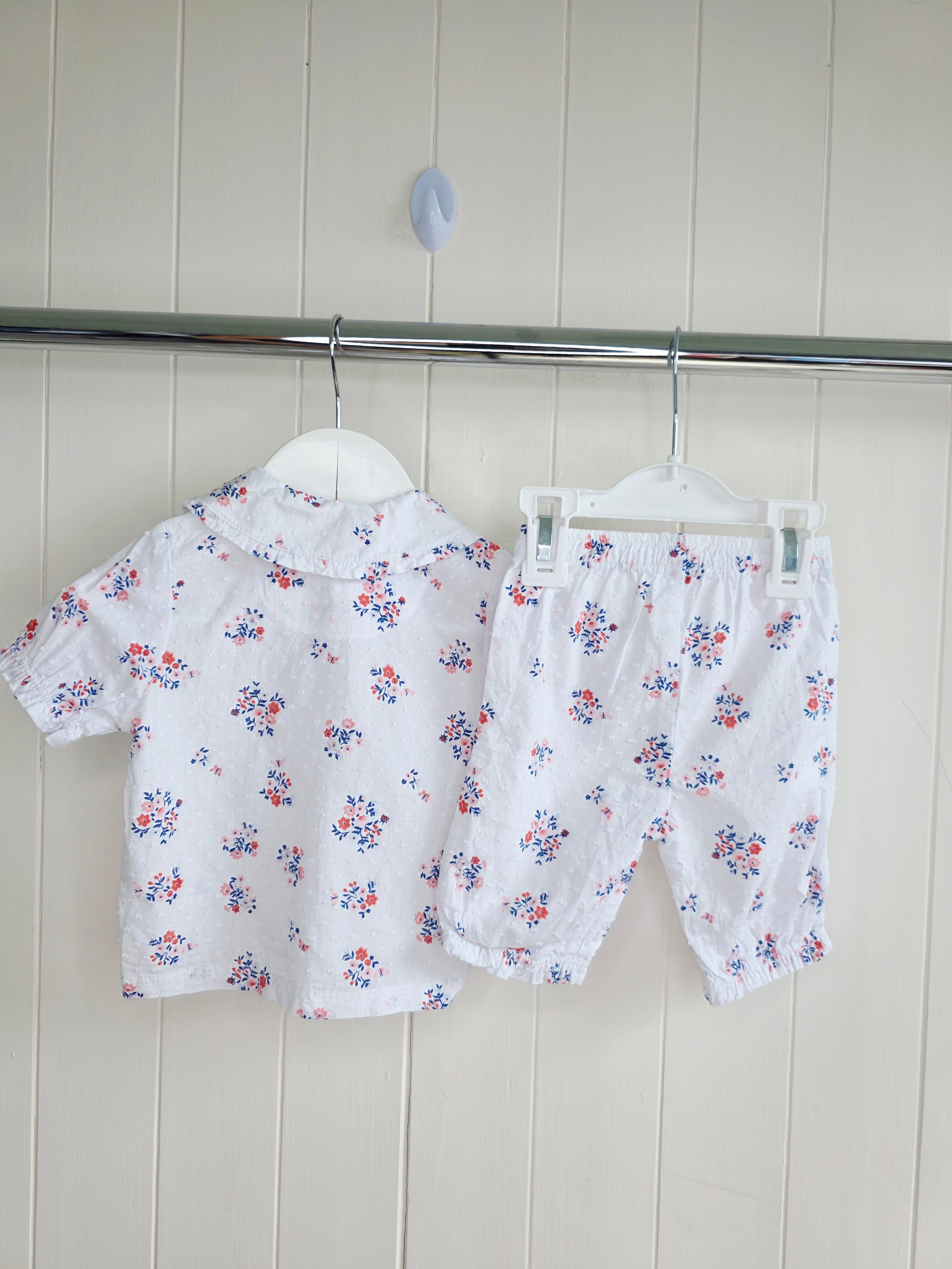Nutmeg - 3-6 months girls white floral shirt and bottoms set
