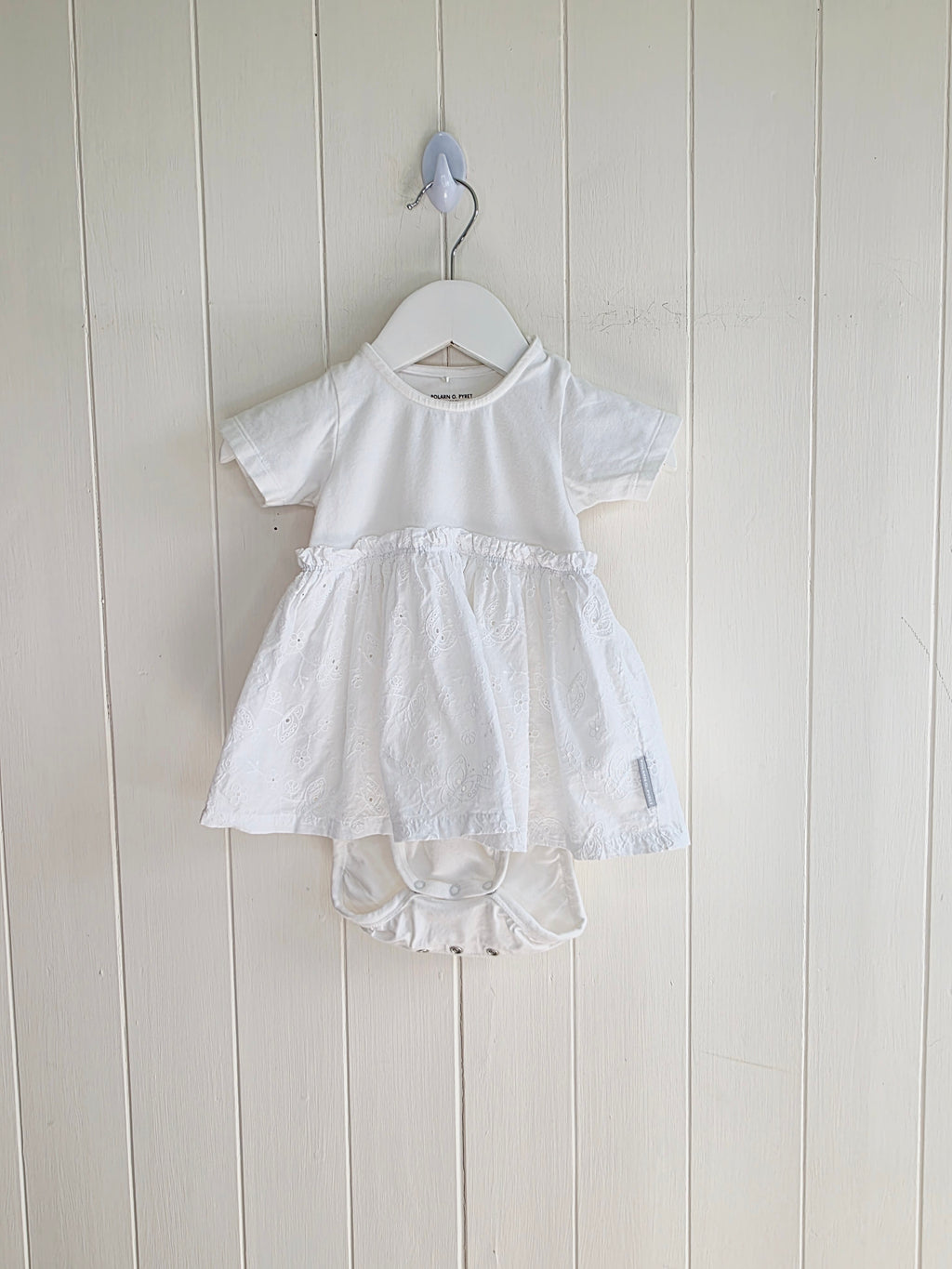 Polarn O. Pyret - 4-6 months girls white bodysuit dress featuring broiderie anglaise