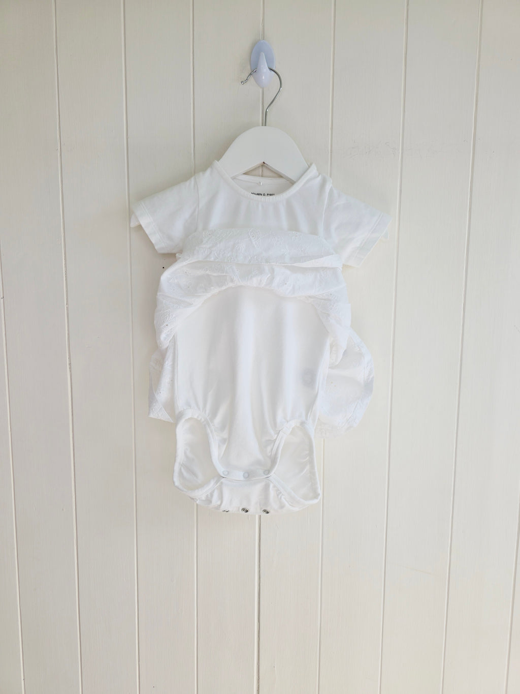 Polarn O. Pyret - 4-6 months girls white bodysuit dress featuring broiderie anglaise