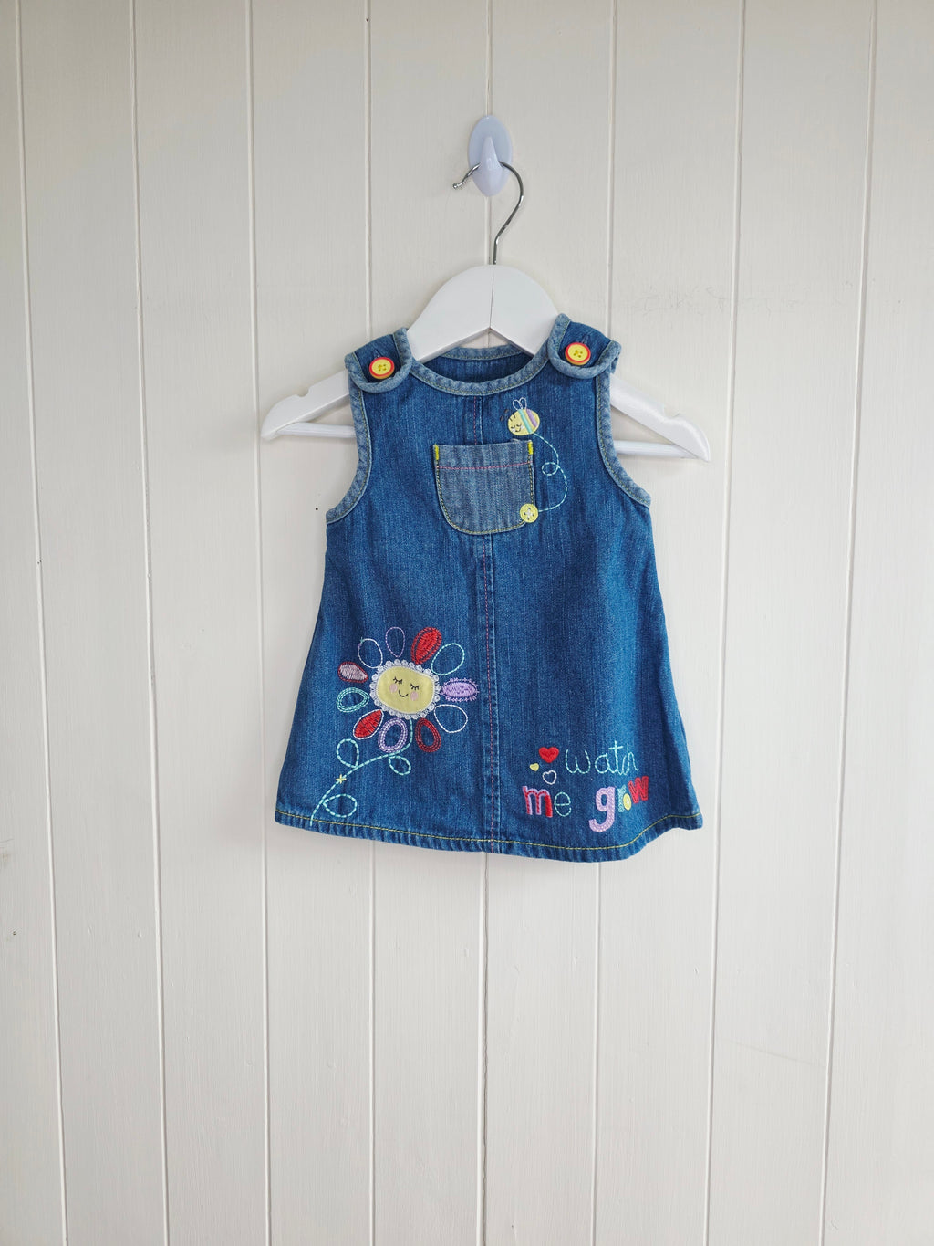 George - 3-6 months girls denim pinafore dress featuring embroidered "watch me grow"
