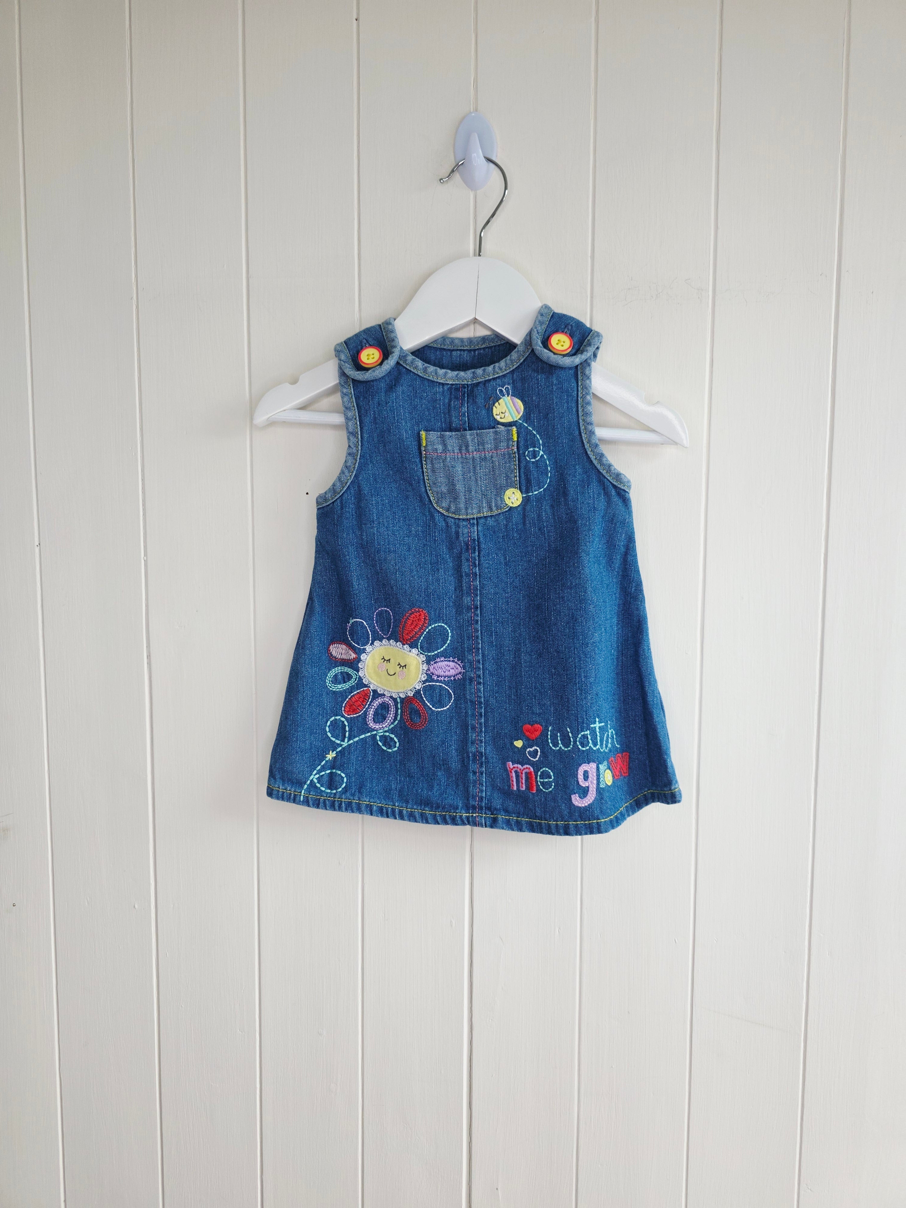 George - 3-6 months girls denim pinafore dress featuring embroidered "watch me grow"