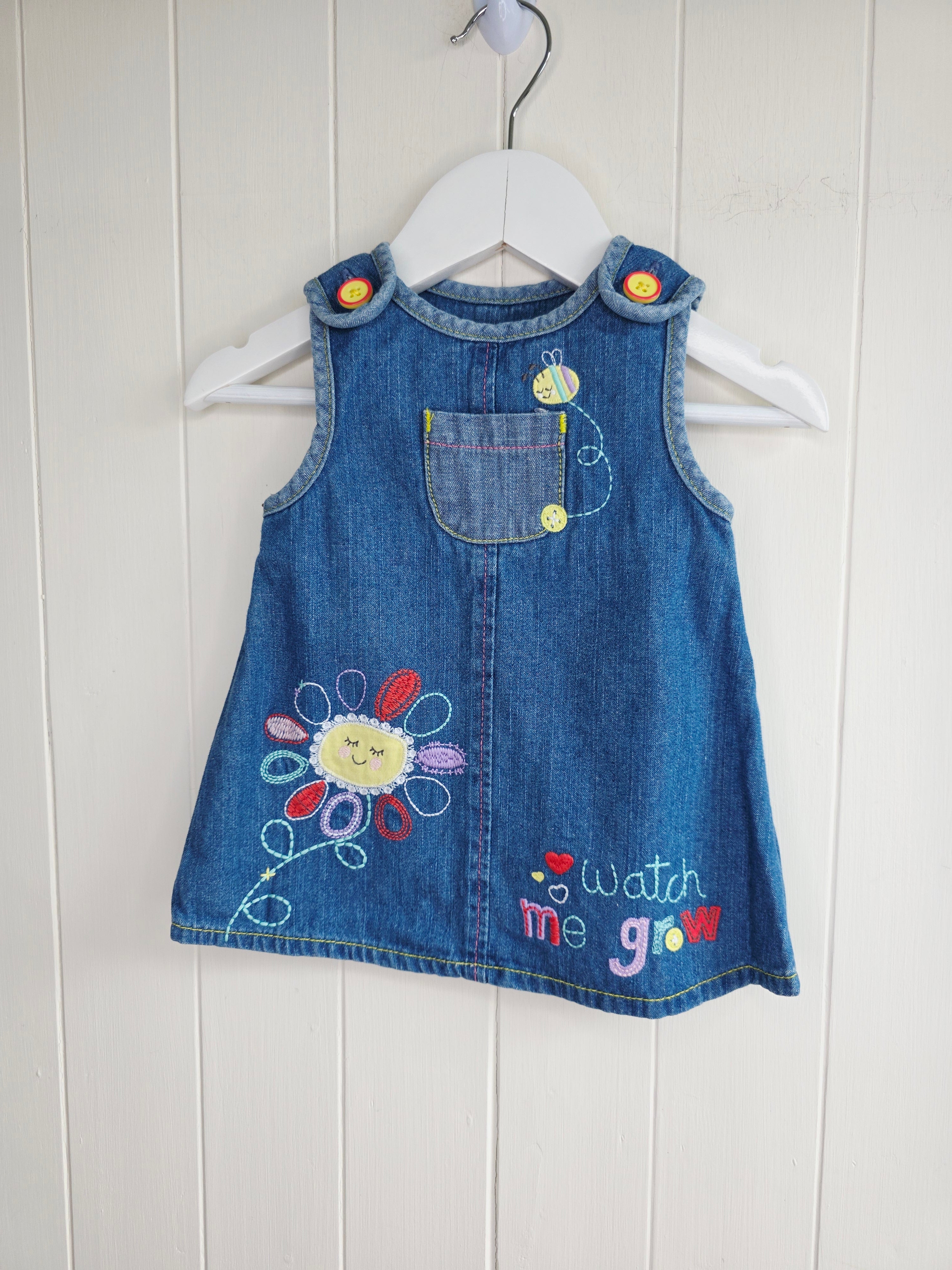 George - 3-6 months girls denim pinafore dress featuring embroidered "watch me grow"