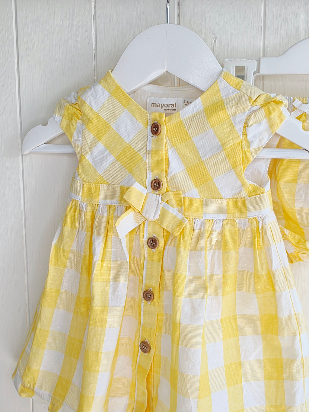 Mayoral 3-6 months girls yellow and white checkered dress with bloomers set