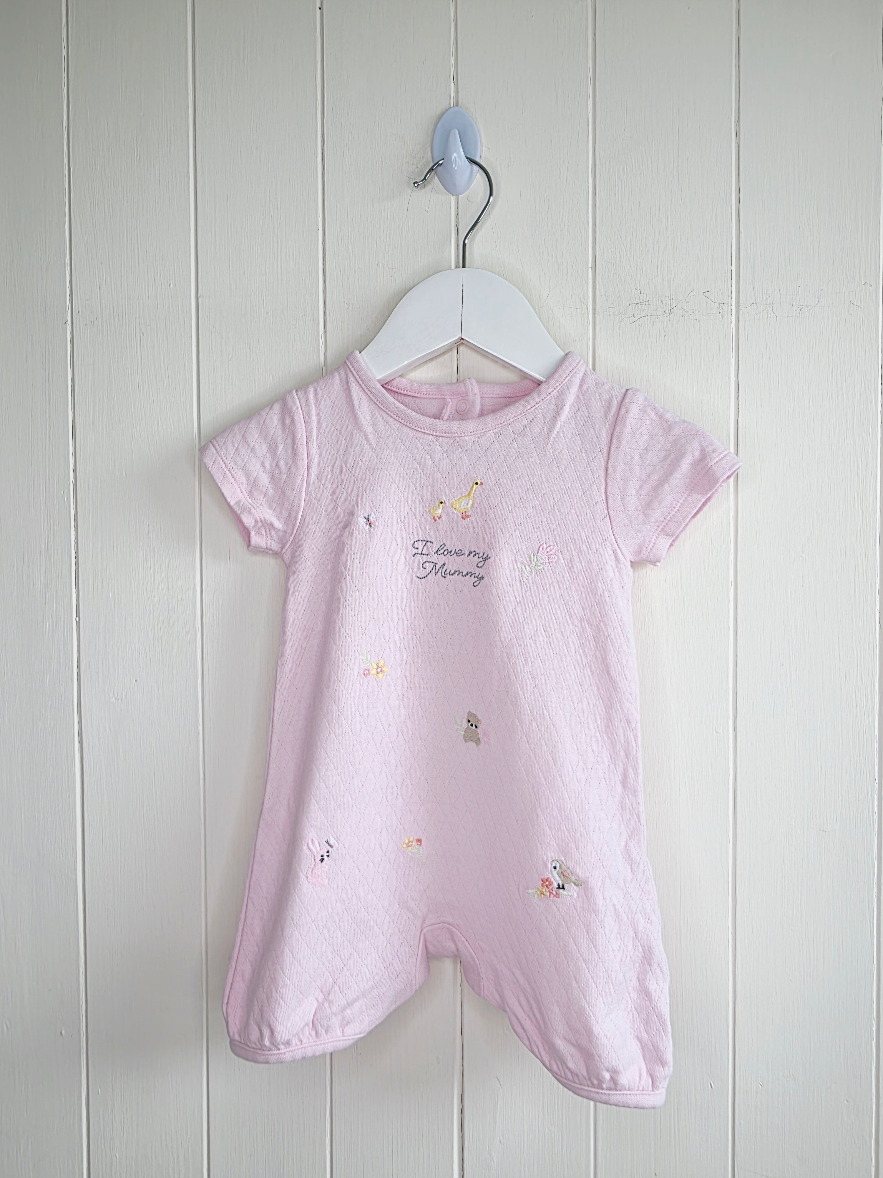 Nutmeg - 3-6 months girls pink romper featuring embroidered animals