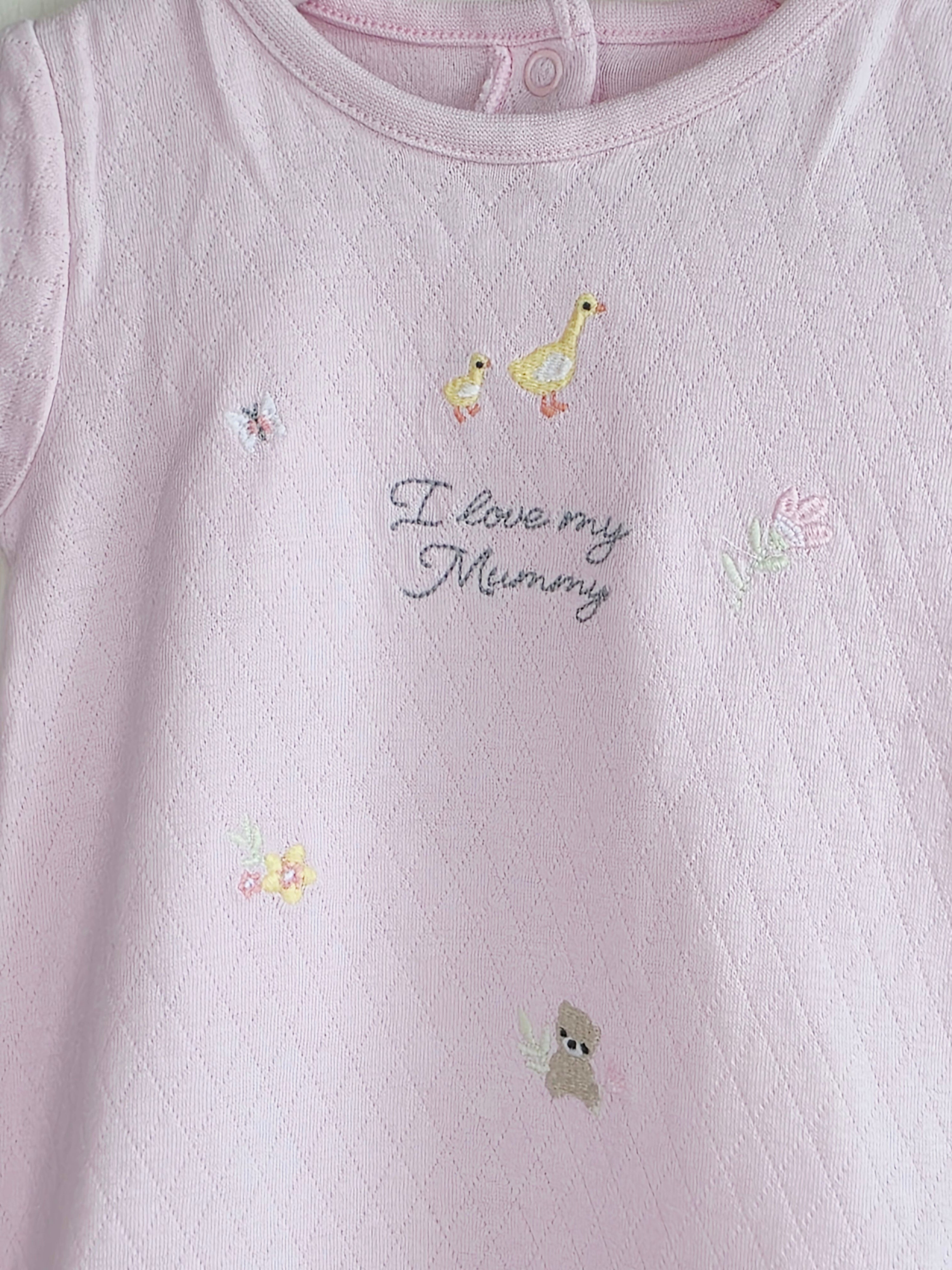 Nutmeg - 3-6 months girls pink romper featuring embroidered animals