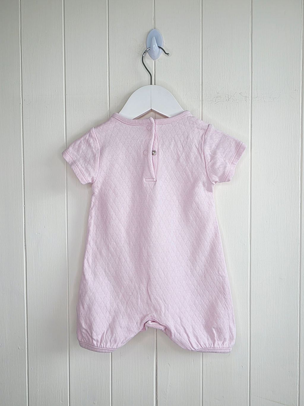 Nutmeg - 3-6 months girls pink romper featuring embroidered animals