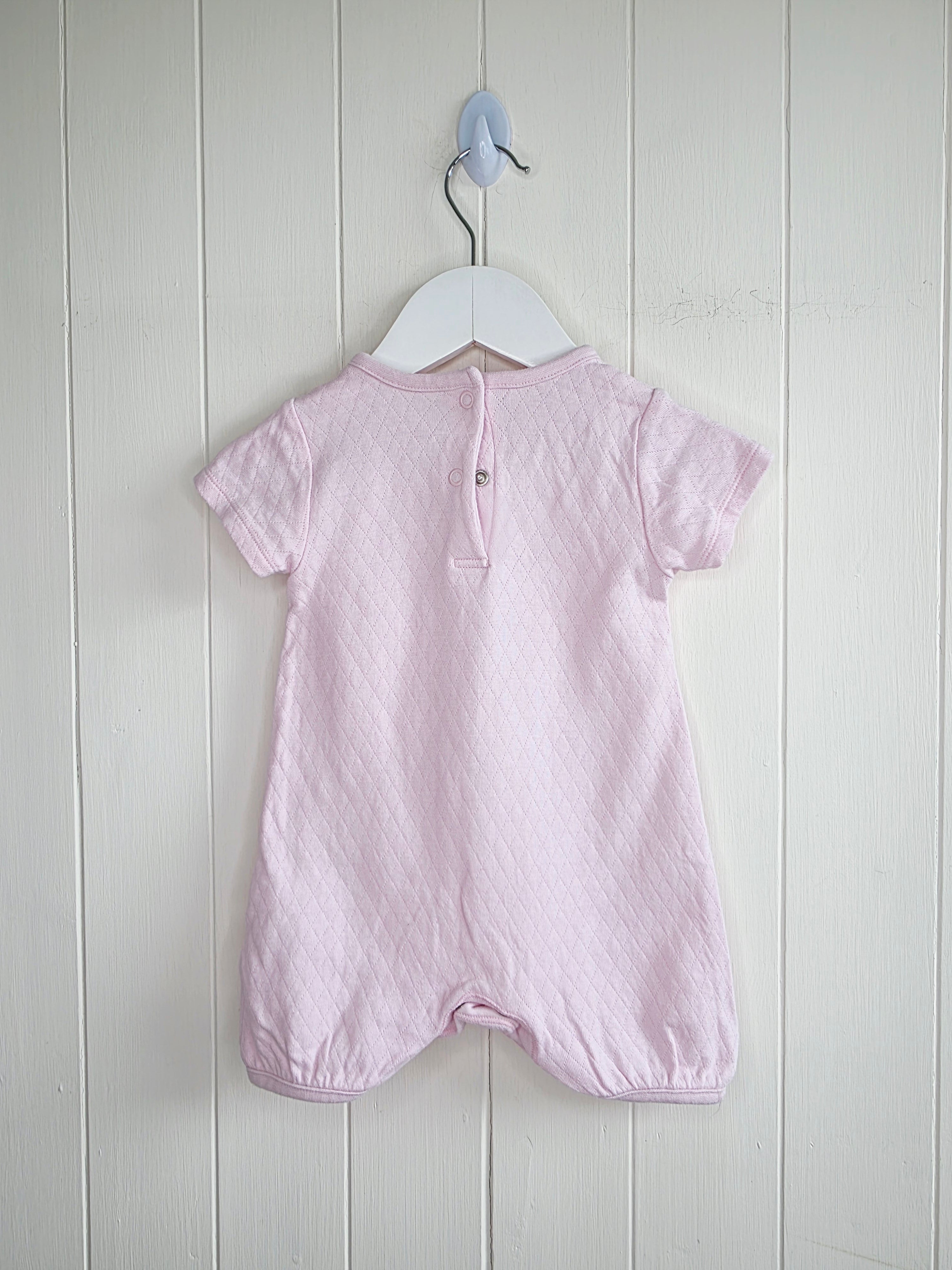 Nutmeg - 3-6 months girls pink romper featuring embroidered animals