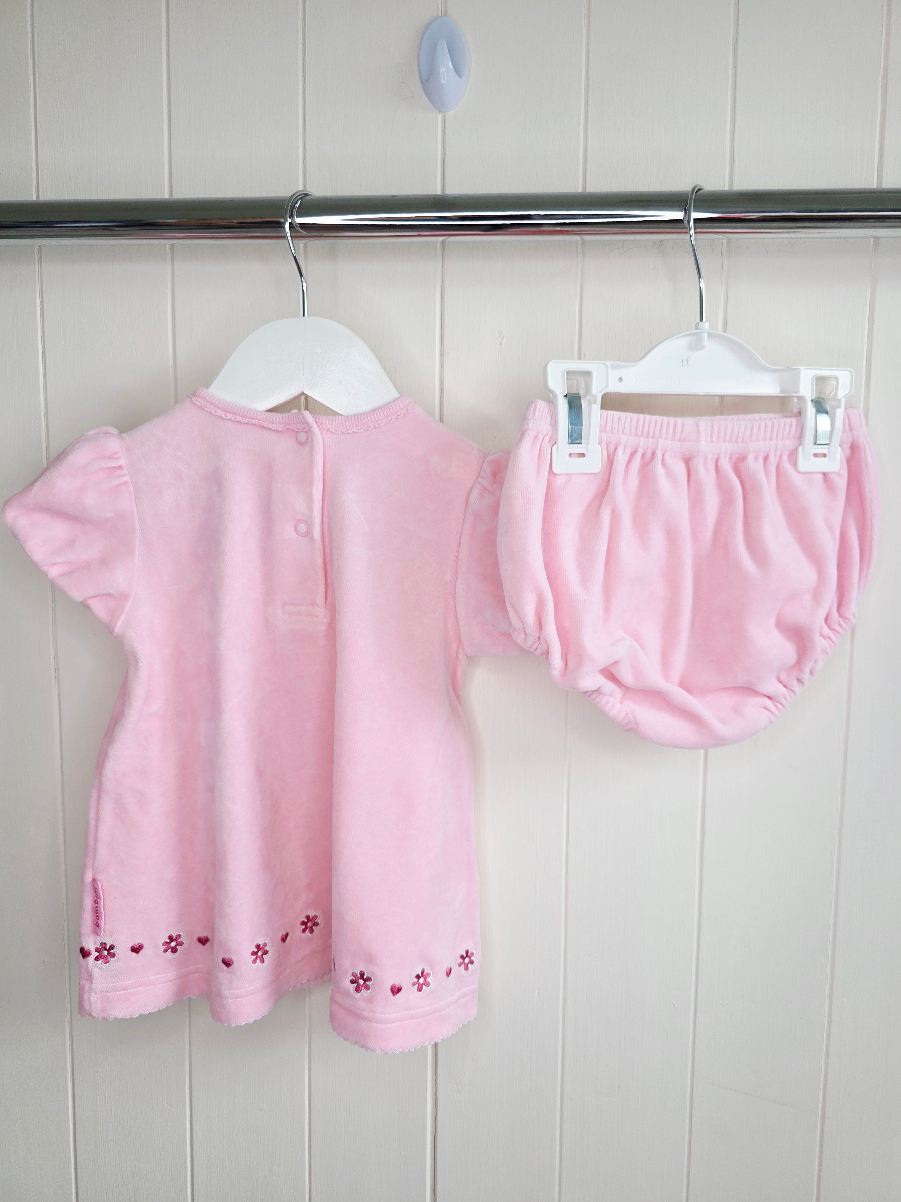 Bhs baby - 3-6 months girls pink velour bloomers and dress set featuring embroidered flowers